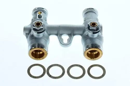 BOSCH Kugelhahn mit zwei Anschlüssen und Montageelementen. Das Produkt ist aus Metall mit gewindeförmigen Enden und mehreren Dichtungsringen im Bild sichtbar.